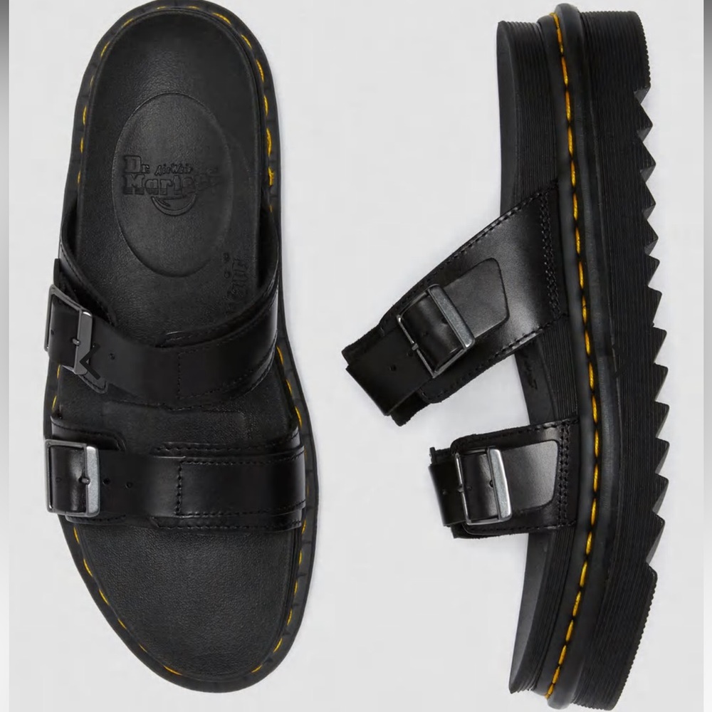 Doc Martens Myles Brando Leather Slide Sandals in black buckles platforms